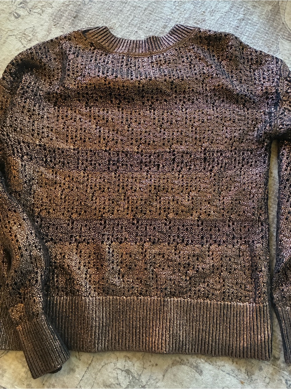 Evereve Knit Metallic Crewneck Sweater - Bronze and Black Open Weave